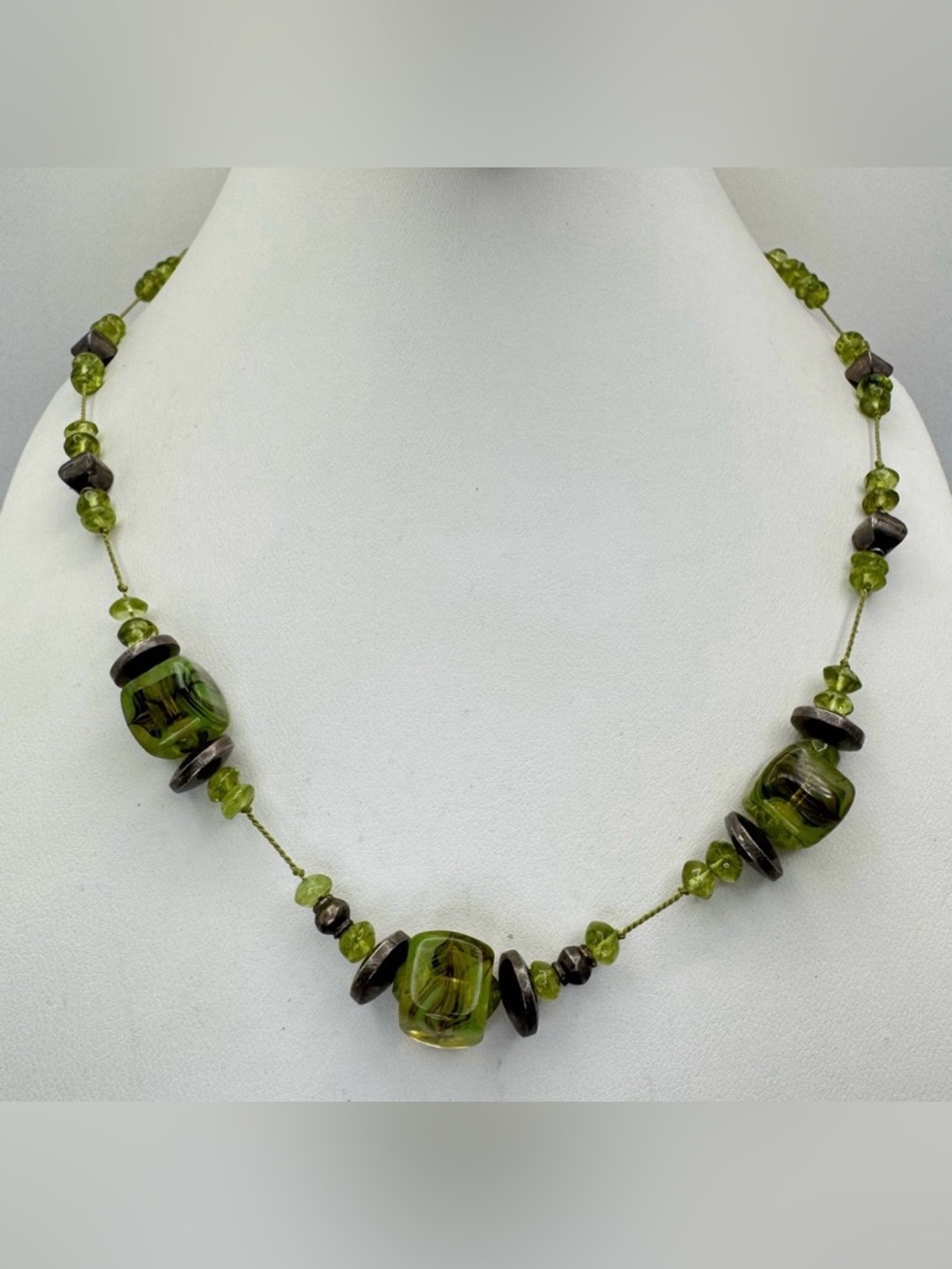 Peridot Gemstone Green Lampwork Glass Beaded Necklace Sterling Silver Boho